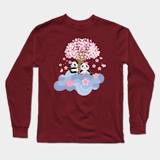 Cute pandas playing under the cherry blossom tree Long Sleeve T-Shirt